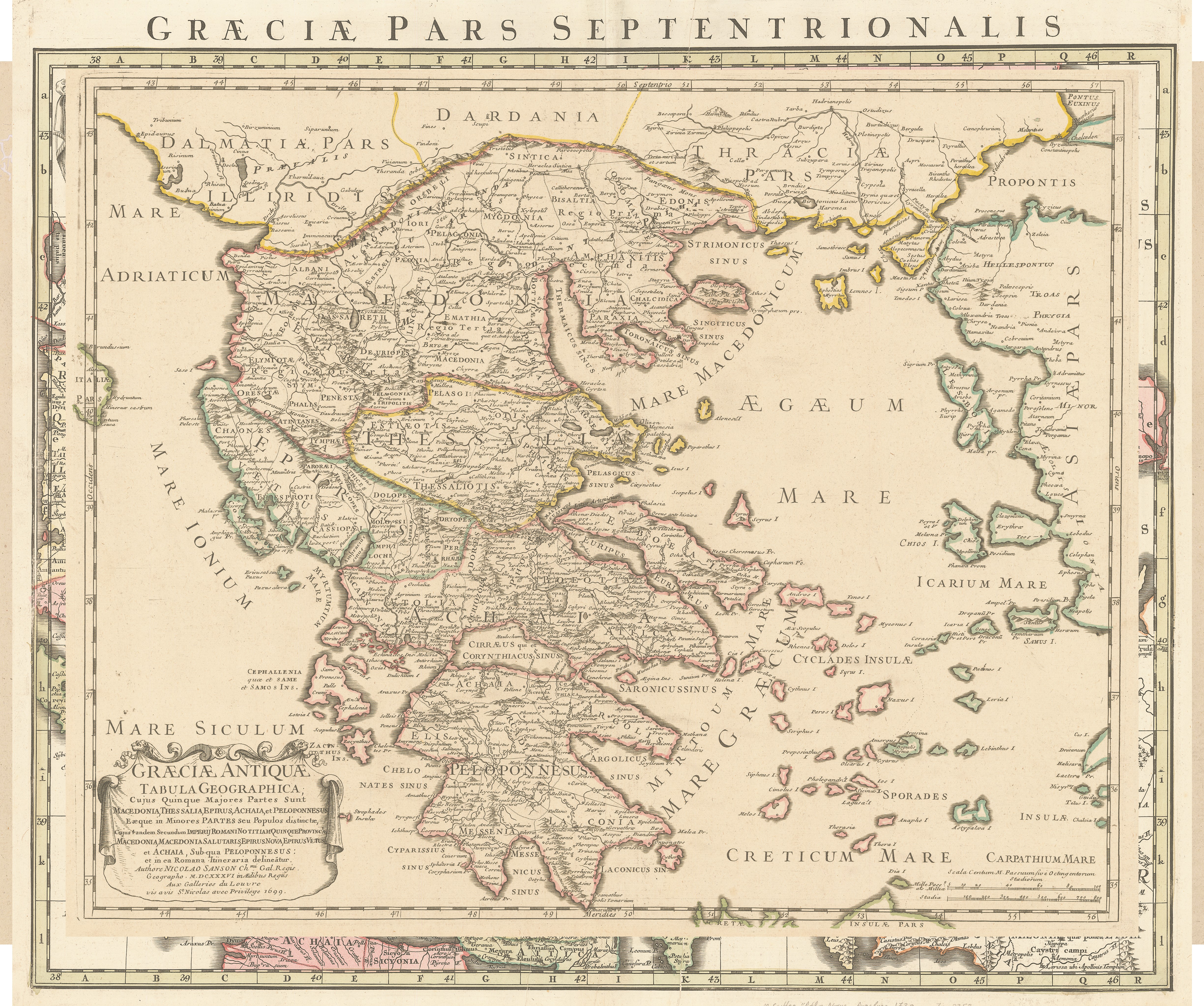 NICOLAS SANSON, ΠΑΡΙΣΙ 1699. Χάρτης της αρχαίας Ελλάδος με τα μεγαλύτερα τμήματά της, που είναι η Μακεδονία, η Θεσσαλία, η Ηπειρος, η Αχαΐα (Στερεά Ελλάδα) και η Πελοπόννησος. Σημειώνει επίσης τις τέσσερις μερίδες στις οποίες διαιρέθηκε διοικητικά η Μακεδονία μεταξύ 168 π.Χ. και 148 π.Χ. από τους Ρωμαίους, αλλά και τη μετέπειτα επαρχία της Μακεδονίας που ίδρυσαν οι ίδιοι και που έφθανε έως το Ιόνιο Πέλαγος. Ο μεγάλος Γάλλος χαρτογράφος τοποθετεί πάλι τα Σκόπια στην αρχαία Δαρδανία, ενώ το Βόρειο Αιγαίο το ονομάζει «Μακεδονική Θάλασσα». (Ιδιωτική Συλλογή) NICOLAS SANSON, ΠΑΡΙΣΙ 1699. Χάρτης της αρχαίας Ελλάδος με τα μεγαλύτερα τμήματά της, που είναι η Μακεδονία, η Θεσσαλία, η Ηπειρος, η Αχαΐα (Στερεά Ελλάδα) και η Πελοπόννησος. Σημειώνει επίσης τις τέσσερις μερίδες στις οποίες διαιρέθηκε διοικητικά η Μακεδονία μεταξύ 168 π.Χ. και 148 π.Χ. από τους Ρωμαίους, αλλά και τη μετέπειτα επαρχία της Μακεδονίας που ίδρυσαν οι ίδιοι και που έφθανε έως το Ιόνιο Πέλαγος. Ο μεγάλος Γάλλος χαρτογράφος τοποθετεί πάλι τα Σκόπια στην αρχαία Δαρδανία, ενώ το Βόρειο Αιγαίο τ