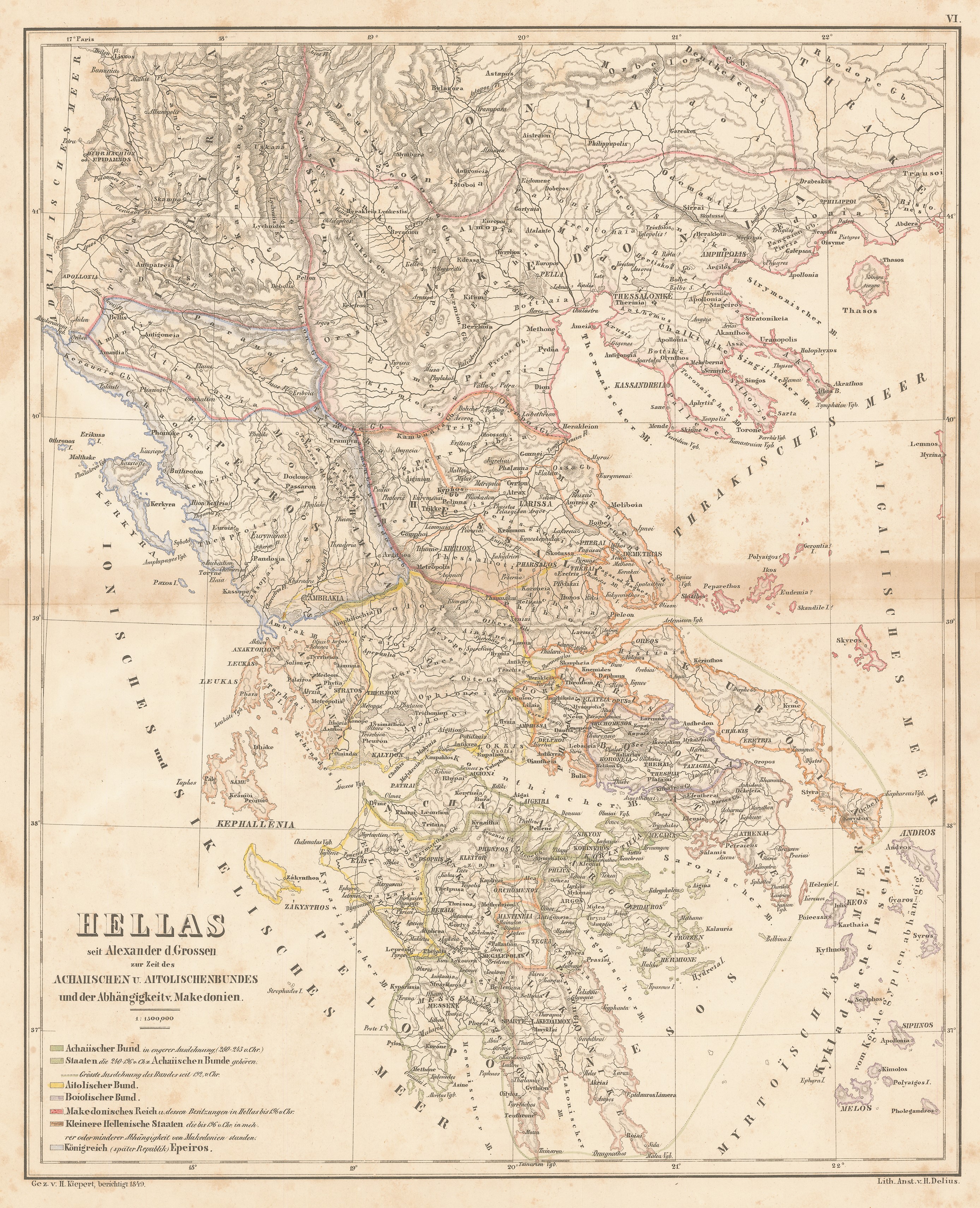 HEINRICH KIEPERT. ΒΕΡΟΛΙΝΟ 1849.Χάρτης της Ελλάδος κατά την εποχή του Μεγάλου Αλεξάνδρου. Ο μεγάλος χαρτογράφος ξεχωρίζει τα όρια της ελληνικής Μακεδονίας από την Παιονία, όπου ζούσαν θρακικοί λαοί, οι οποίοι δεν μιλούσαν την αιολοδωρική διάλεκτο των Μακεδόνων. HEINRICH KIEPERT. ΒΕΡΟΛΙΝΟ 1849.Χάρτης της Ελλάδος κατά την εποχή του Μεγάλου Αλεξάνδρου. Ο μεγάλος χαρτογράφος ξεχωρίζει τα όρια της ελληνικής Μακεδονίας από την Παιονία, όπου ζούσαν θρακικοί λαοί, οι οποίοι δεν μιλούσαν την αιολοδωρική διάλεκτο των Μακεδόνων.