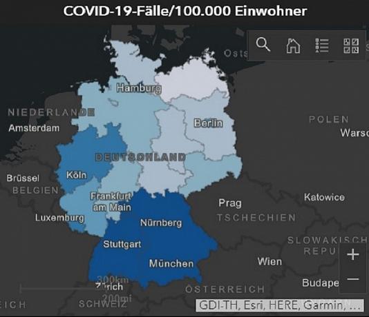 germania.jpg Περιπτώσεις κορονοϊού ανά 100.000 κατοίκους στα γερμανικά κρατίδια, με σκούρο μπλε φαίνεται ο υψηλότερος αριθμός / Ινστιτούτο Robert Koch